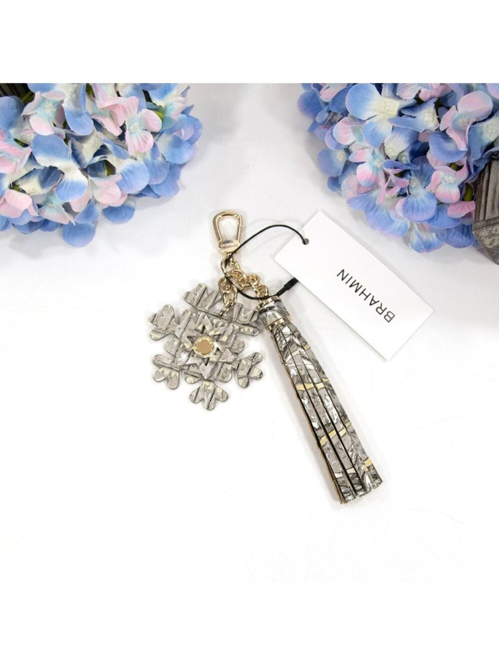 Brahmin Chrome Silver Melbourne Leather Snowflake Tassel Bag Charm Keychain NWT